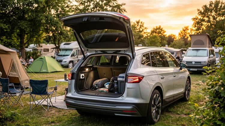 Ein Škoda Elektroauto mit geöffneter Heckklappe auf einem Campingplatz. Im Kofferraum ist die 230-Volt-Steckdose für die Stromabgabe zu sehen.
