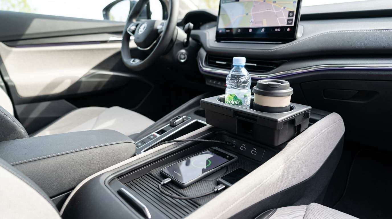 Detailaufnahme der Mittelkonsole eines Škoda. Zu sehen sind der Easy Open Getränkehalter, mehrere USB-C-Anschlüsse und die belüftete Phone Box mit ladendem Smartphone.