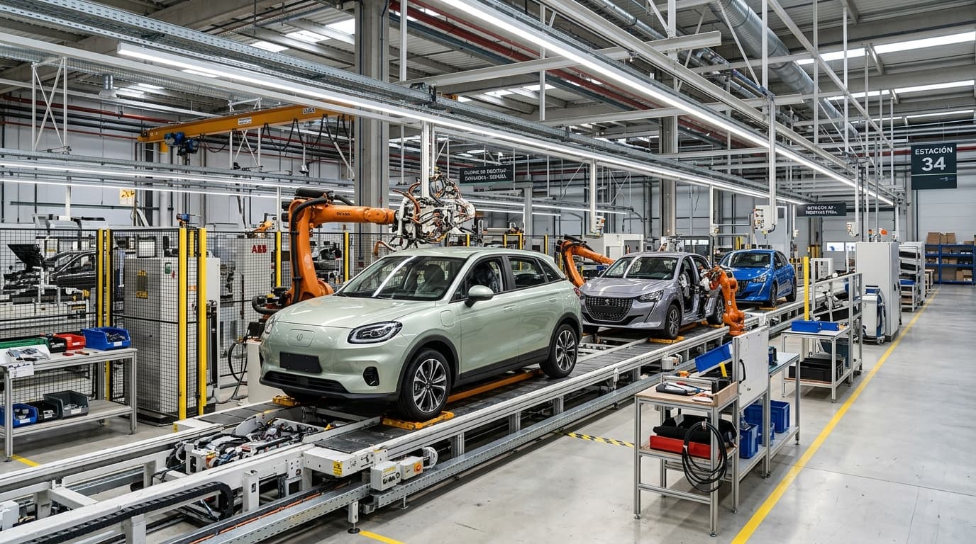 Produktionshalle des Stellantis-Werks Saragossa mit Montagelinie für den Leapmotor B10 neben Opel Corsa und Peugeot 208.