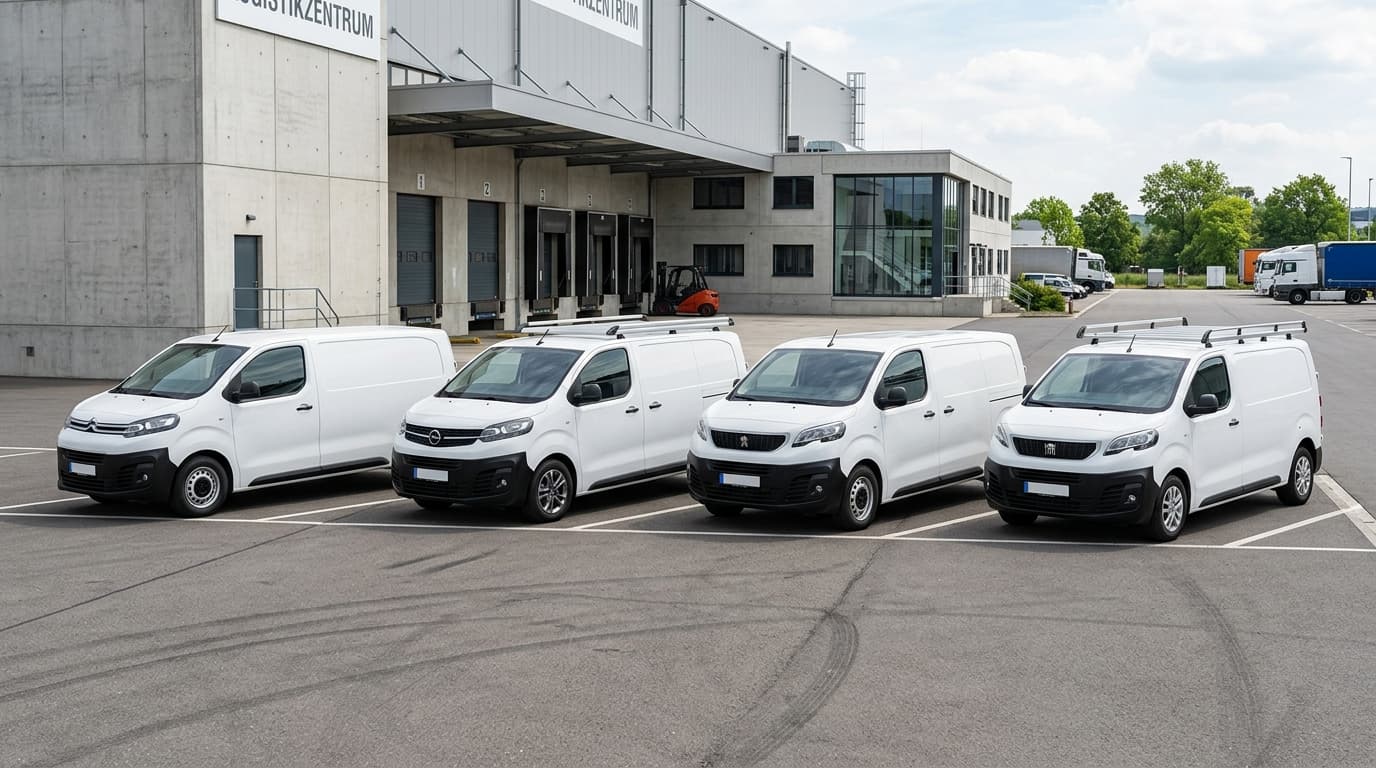 Vier mittelgroße Transporter verschiedener Stellantis-Marken stehen in einer Reihe in einer modernen Lagerhalle.
