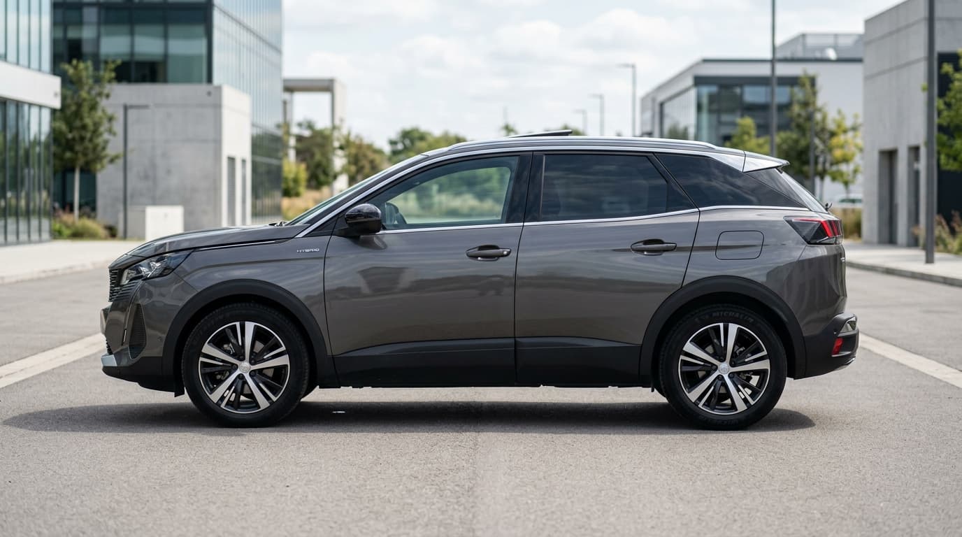 Ein Peugeot 3008 Hybrid II, eines der betroffenen Plug-in-Hybrid-Modelle der Stellantis-Rückrufaktion, parkt auf trockenem Boden.