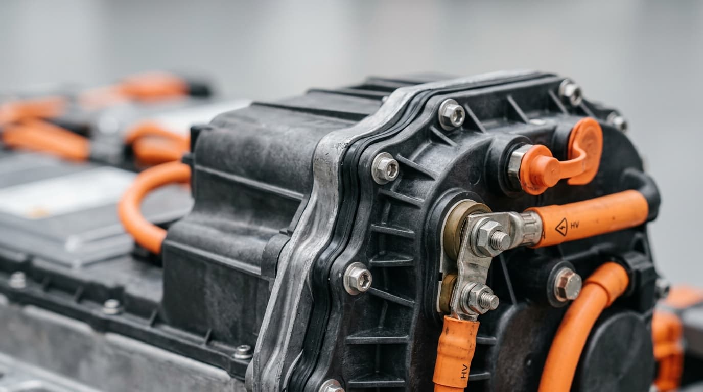 Nahaufnahme eines Hochvolt-Batteriegehäuses mit Dichtungen und Anschlüssen, wie es in Plug-in-Hybriden zur Verwendung kommt.