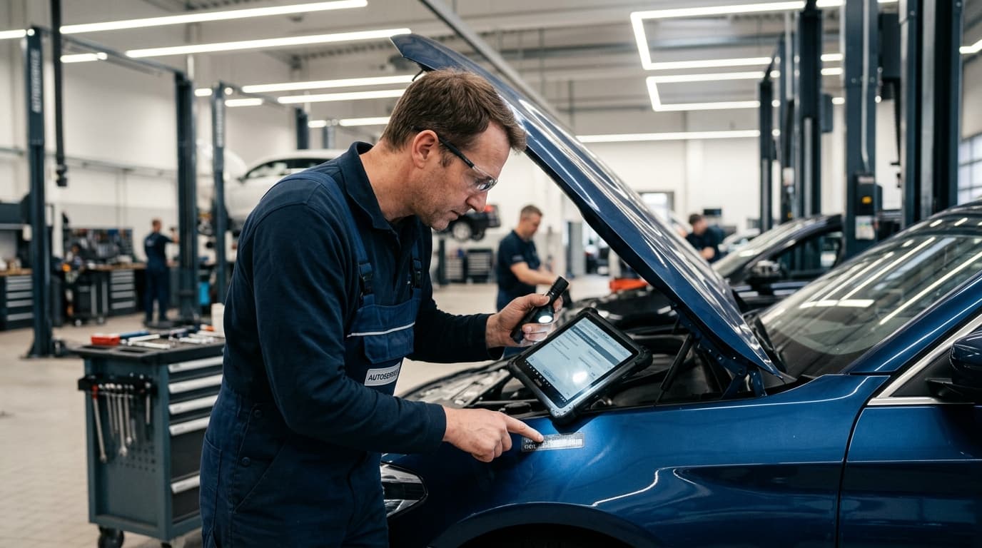 Ein Techniker prüft die Fahrzeug-Identifikationsnummer eines Autos in einer Werkstatt