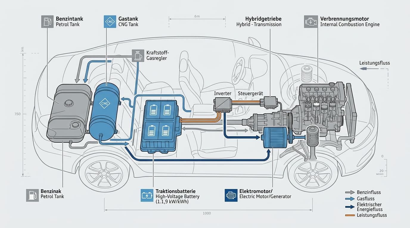 Technische Darstellung eines Tribrid-Antriebssystems mit den drei Energiequellen Benzin, Autogas und Strom