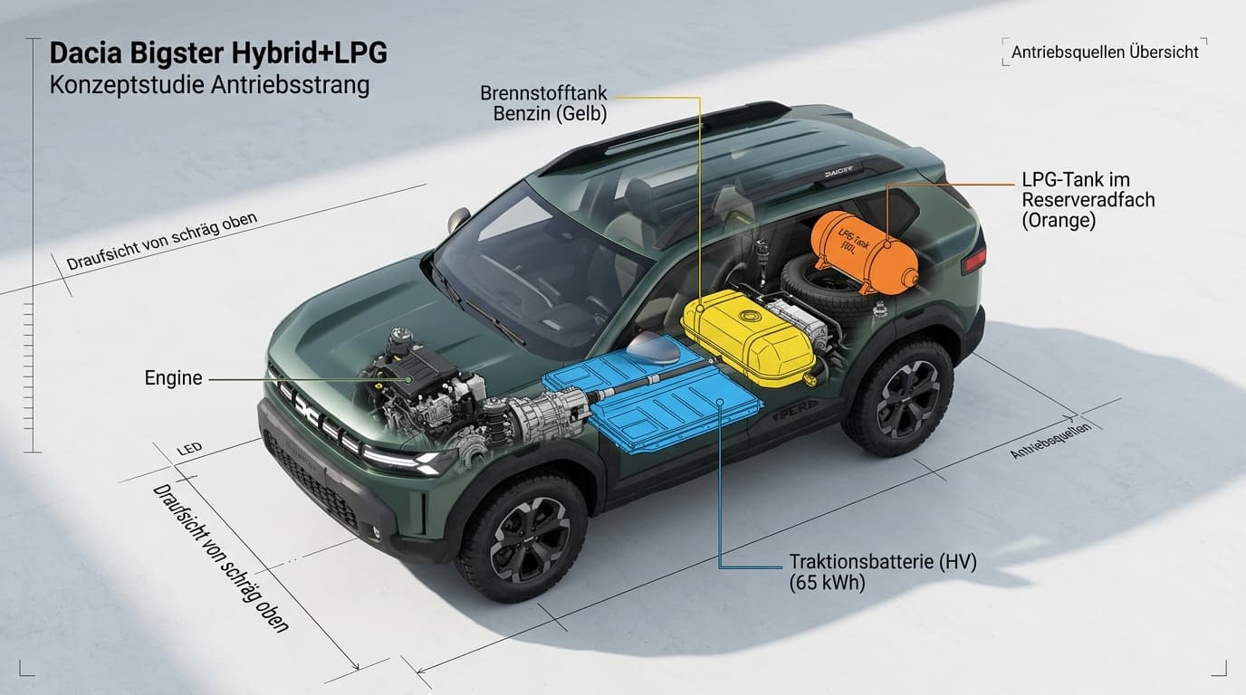 Schematische Draufsicht eines Dacia Duster oder Bigster mit Kennzeichnung der Position des Gastanks im Reserveradfach