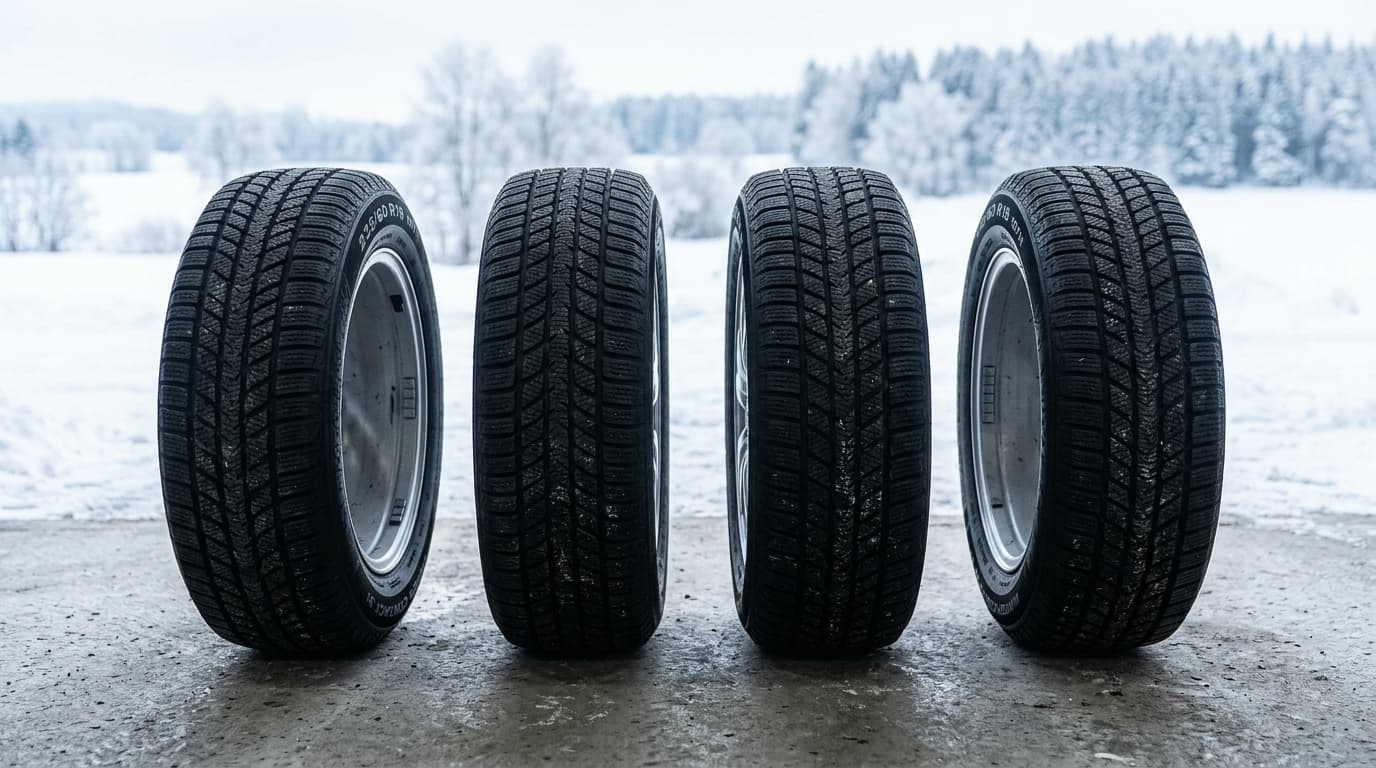 Vier Winterreifen der Größe 235/60 R18 mit Alpine-Symbol nebeneinander auf grauem Untergrund