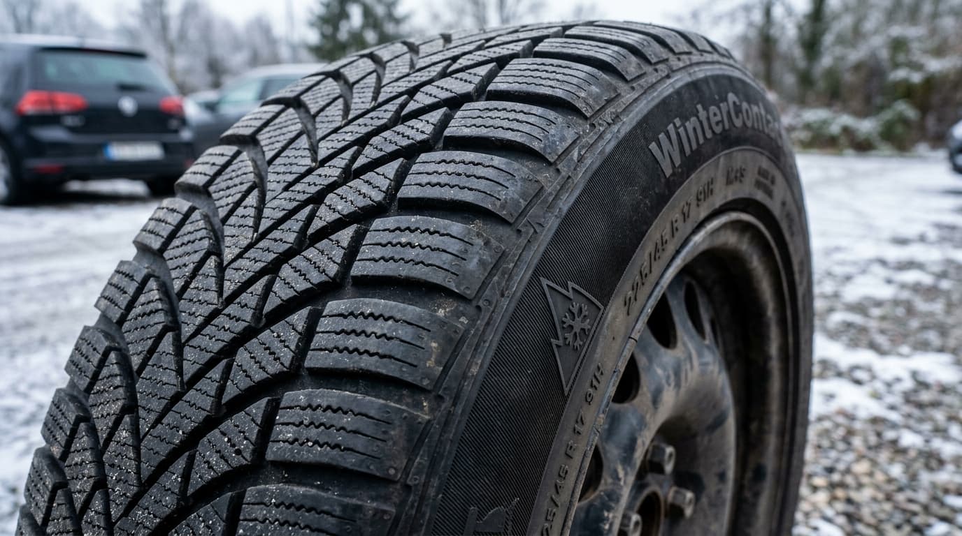 Detailaufnahme einer Winterreifen-Lauffläche mit sichtbaren Lamellen und dem Alpine-Symbol in der Reifenseitenwand
