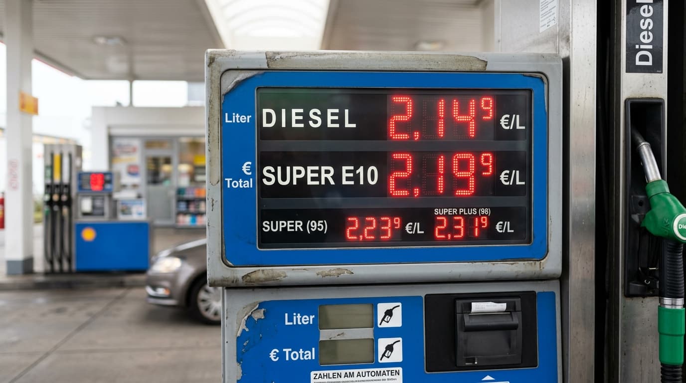Nahaufnahme des Preisdisplays an einer Zapfsäule mit hohen Spritpreisen im zwei-Euro-Bereich für Diesel und Super E10