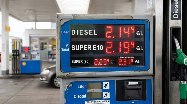 Nahaufnahme des Preisdisplays an einer Zapfsäule mit hohen Spritpreisen im zwei-Euro-Bereich für Diesel und Super E10