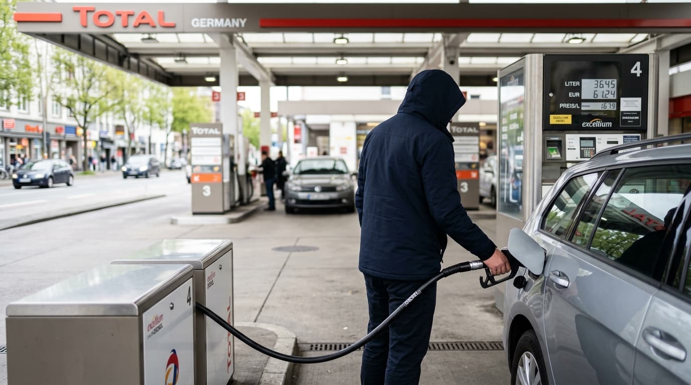 Person beim Tanken an einer Zapfsäule an einer modernen Tankstelle
