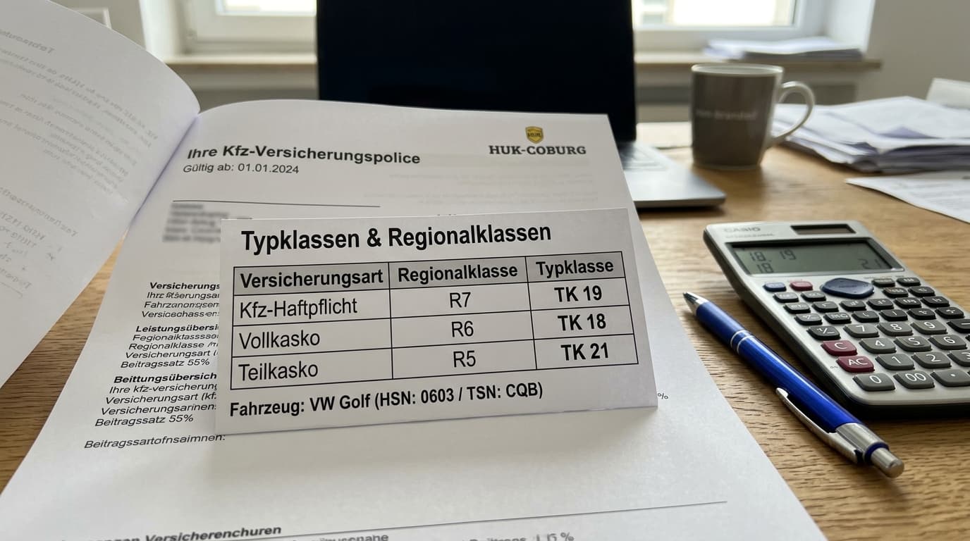 Ein Versicherungsschein mit sichtbaren Typklassenangaben liegt auf einem Schreibtisch neben einem Stift und Taschenrechner.