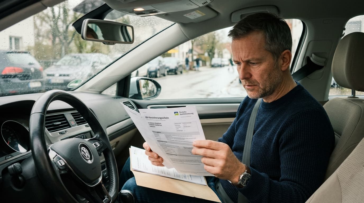 Ein Autofahrer sitzt im Fahrzeug und liest aufmerksam seinen Versicherungsschein.