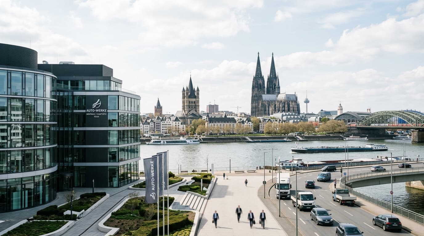 Kölner Skyline mit Dom, moderne Geschäftsarchitektur, Sitz von Volvo Car Germany in Köln