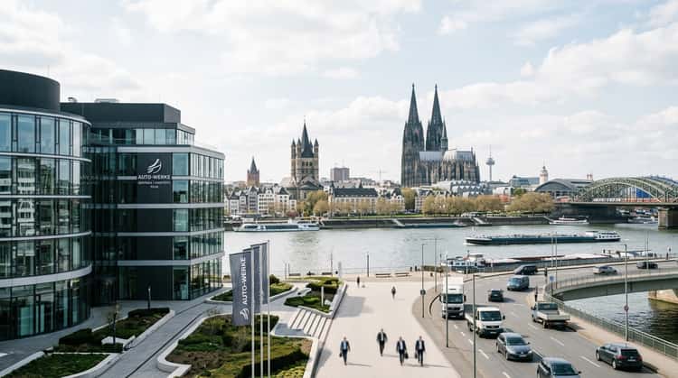 Kölner Skyline mit Dom, moderne Geschäftsarchitektur, Sitz von Volvo Car Germany in Köln