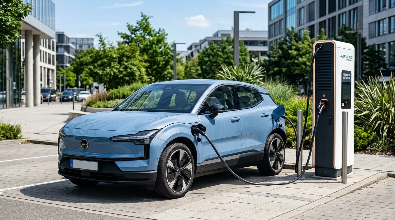 Ein Volvo EX30, kompaktes Elektro-SUV, steht an einer Ladesäule und ist mit einem Ladekabel verbunden. Die Sonne scheint auf das Fahrzeug.