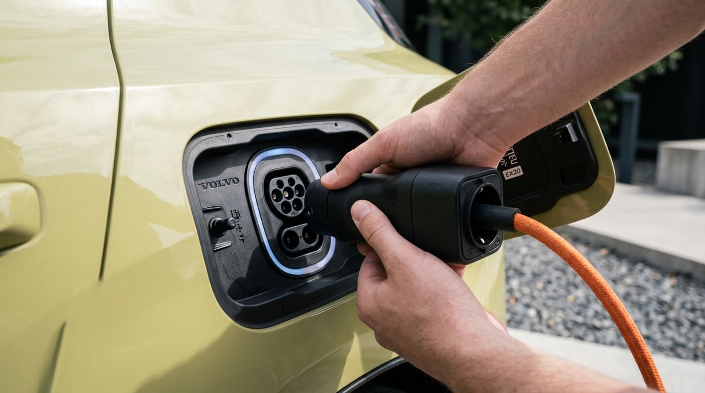 Detailaufnahme des Ladeanschlusses am Volvo EX30 mit V2L-Adapter, der einen 230-Volt-Haushaltsstecker bereitstellt.