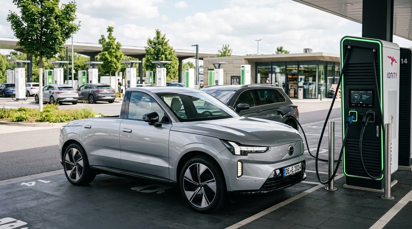 Ein silberner Volvo EX90 steht an einer Gleichstrom-Schnelllade-Station. Das siebensitzige Elektro-SUV wird gerade geladen, mehrere weitere Ladesäulen sind im Hintergrund sichtbar.