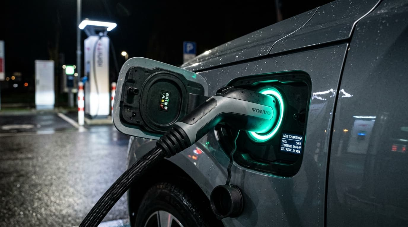Detailaufnahme des DC-Ladeanschlusses des Volvo EX90 während des Schnellladevorgangs mit leuchtender Ladeindikation.