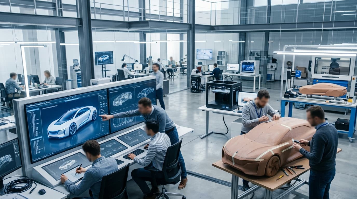 Ingenieure und Designer arbeiten in einem modernen Entwicklungsstudio an neuen Fahrzeugkonzepten und CAD-Designs.