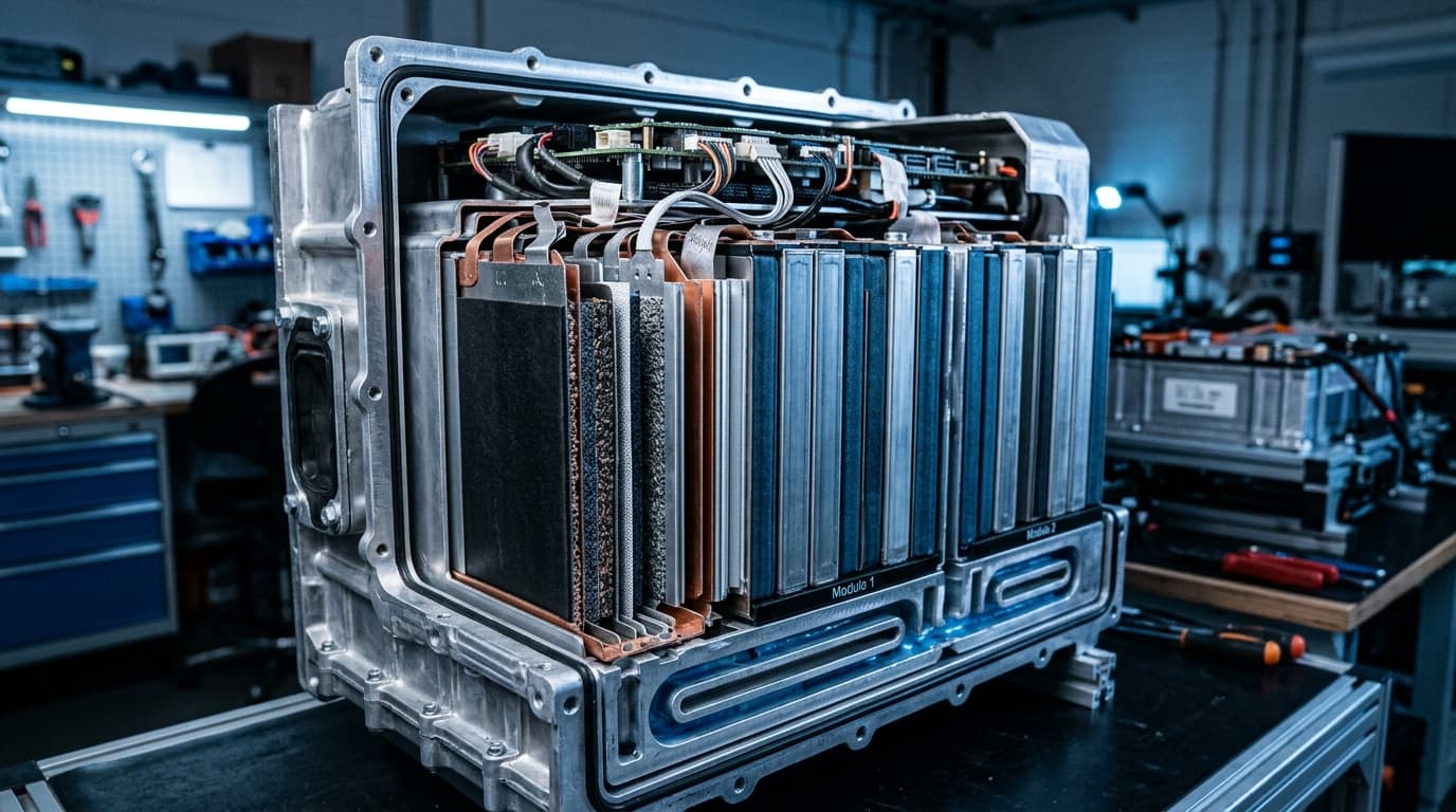 Schnittdarstellung einer modernen Elektrofahrzeug-Batterie mit sichtbaren Zellmodulen.