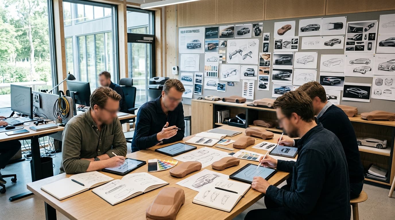 Ein modernes Designstudio mit Skizzen und Fahrzeugmodellen an den Wänden, Arbeitsplätze mit Tablets und digitalen Tools – der Ort, wo Volvos neue Modellpalette entwickelt wird