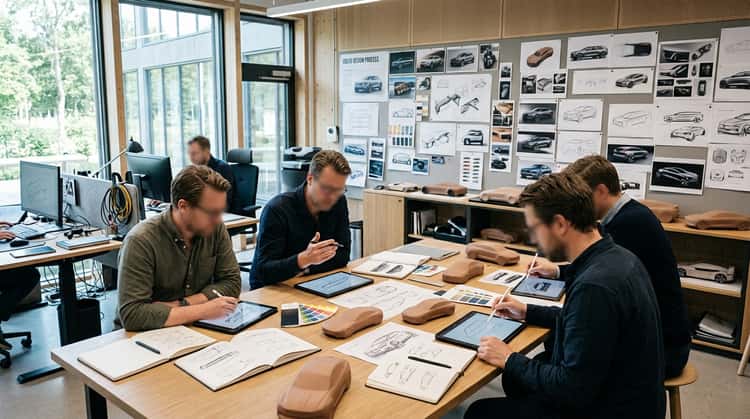 Ein modernes Designstudio mit Skizzen und Fahrzeugmodellen an den Wänden, Arbeitsplätze mit Tablets und digitalen Tools – der Ort, wo Volvos neue Modellpalette entwickelt wird