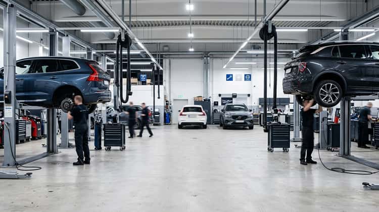 Moderne Autowerkstatt mit mehreren Fahrzeugliften und Technikern bei Wartungsarbeiten. Im Hintergrund sind Fahrzeuge zu sehen, die verschiedene Marken repräsentieren.
