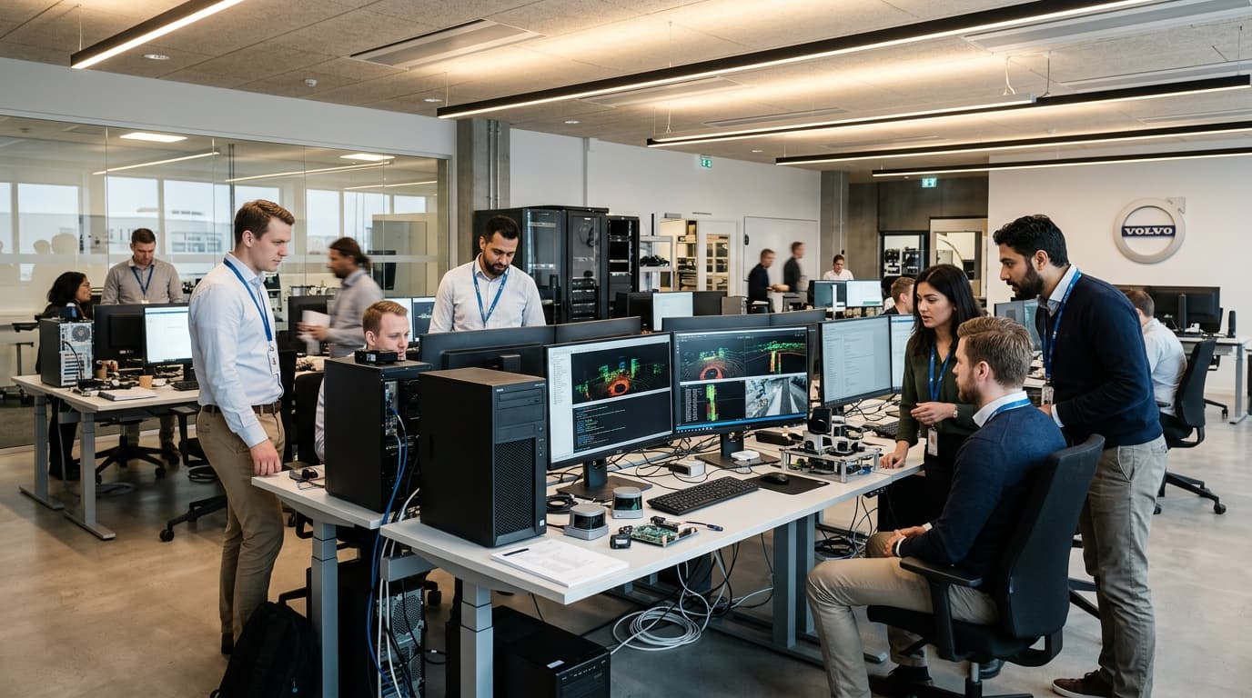 Ingenieure arbeiten in einem modernen Entwicklungslabor an autonomen Fahrsystemen und Sensorarchitektur.