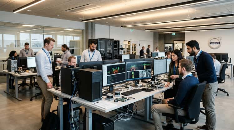 Ingenieure arbeiten in einem modernen Entwicklungslabor an autonomen Fahrsystemen und Sensorarchitektur.