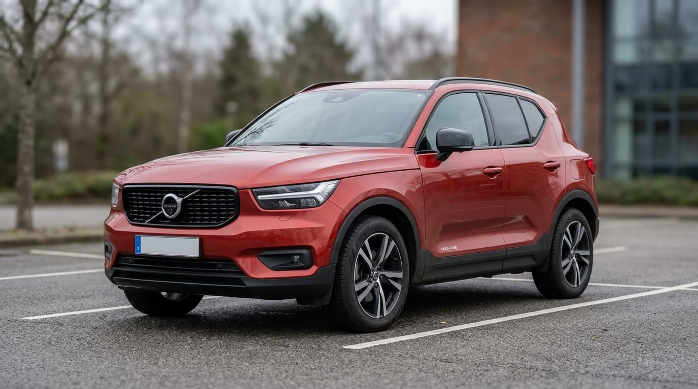 Ein Volvo XC40 Plug-in-Hybrid steht parkend vor neutralem Hintergrund, Frontansicht schräg von rechts