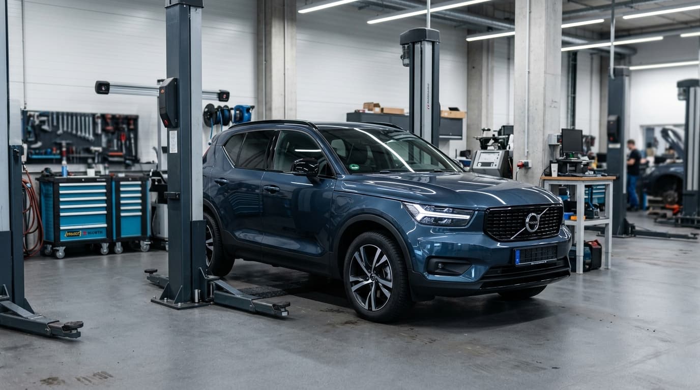 Ein Volvo XC40 Plug-in-Hybrid in einer Werkstatt während einer Inspektionsmaßnahme