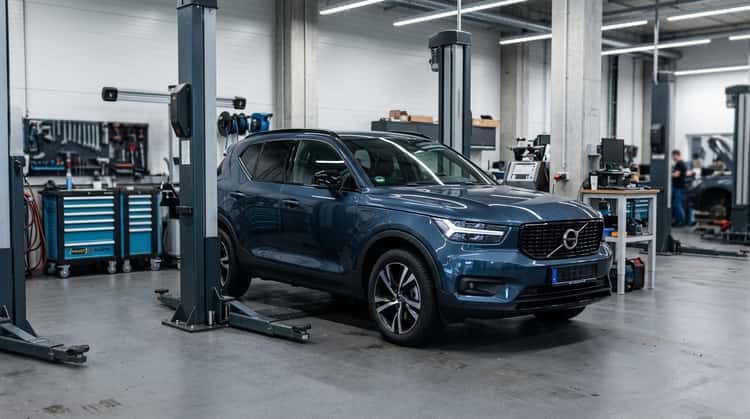 Ein Volvo XC40 Plug-in-Hybrid in einer Werkstatt während einer Inspektionsmaßnahme