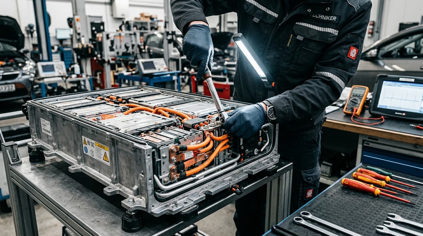 Hochvoltbatteriemodul eines Elektrofahrzeugs bei einer Werkstattprüfung