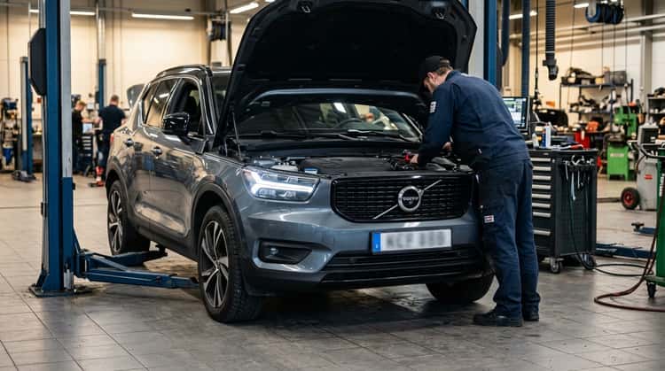 Ein silberner Volvo XC40 in einer Autowerkstatt, wo ein Techniker eine Inspektion durchführt