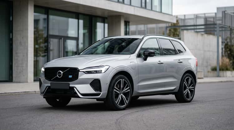 Ein Volvo XC60 Plug-in-Hybrid in Dreiviertelperspektive, zeigt die überarbeitete Front mit Matrix-LED-Scheinwerfern im Thor's Hammer Design und moderne Räder