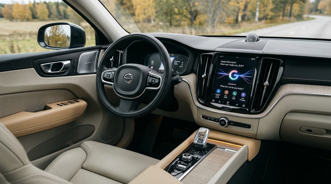 Innenansicht des Volvo XC60 mit dem 11,2 Zoll großen Infotainment-Bildschirm und Google Gemini KI-Assistent
