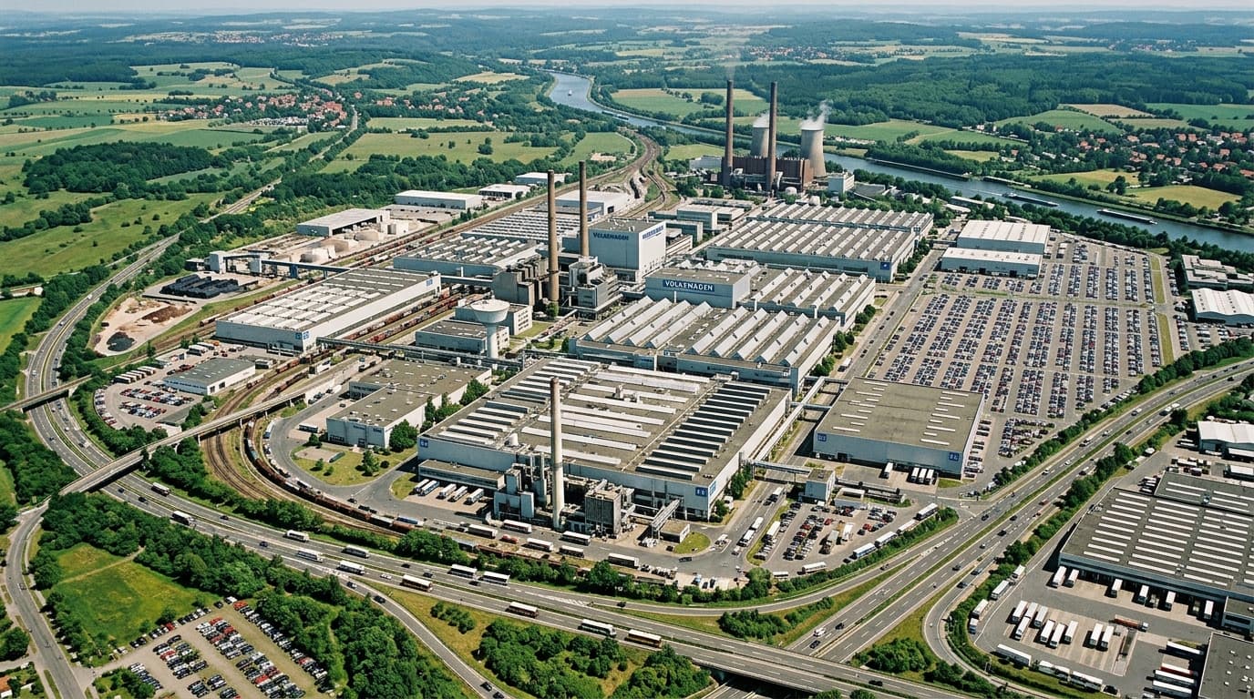 Luftaufnahme eines Volkswagen-Werks mit Fabrikgebäuden, Produktionshallen und Parkplätzen in einer Landschaftsaufnahme.