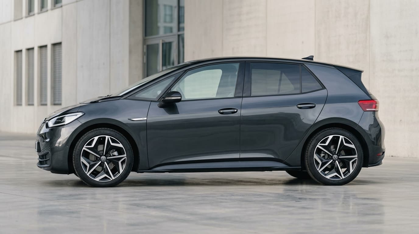 Ein silberner Volkswagen ID.3 von der Seite in modernem Licht