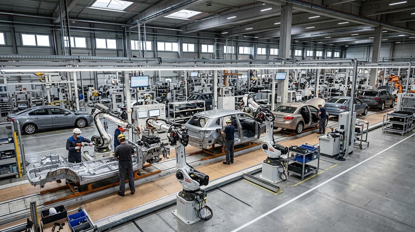 Blick in eine Fabrikhalle mit Produktionslinie, auf der mehrere Fahrzeuge montiert werden.