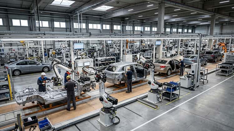 Blick in eine Fabrikhalle mit Produktionslinie, auf der mehrere Fahrzeuge montiert werden.