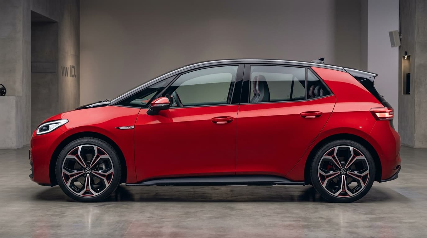 Der Volkswagen ID.3 GTI in Seitenansicht, ein kompakter Elektrowagen mit sportlicher Ausstattung und 20-Zoll-Felgen