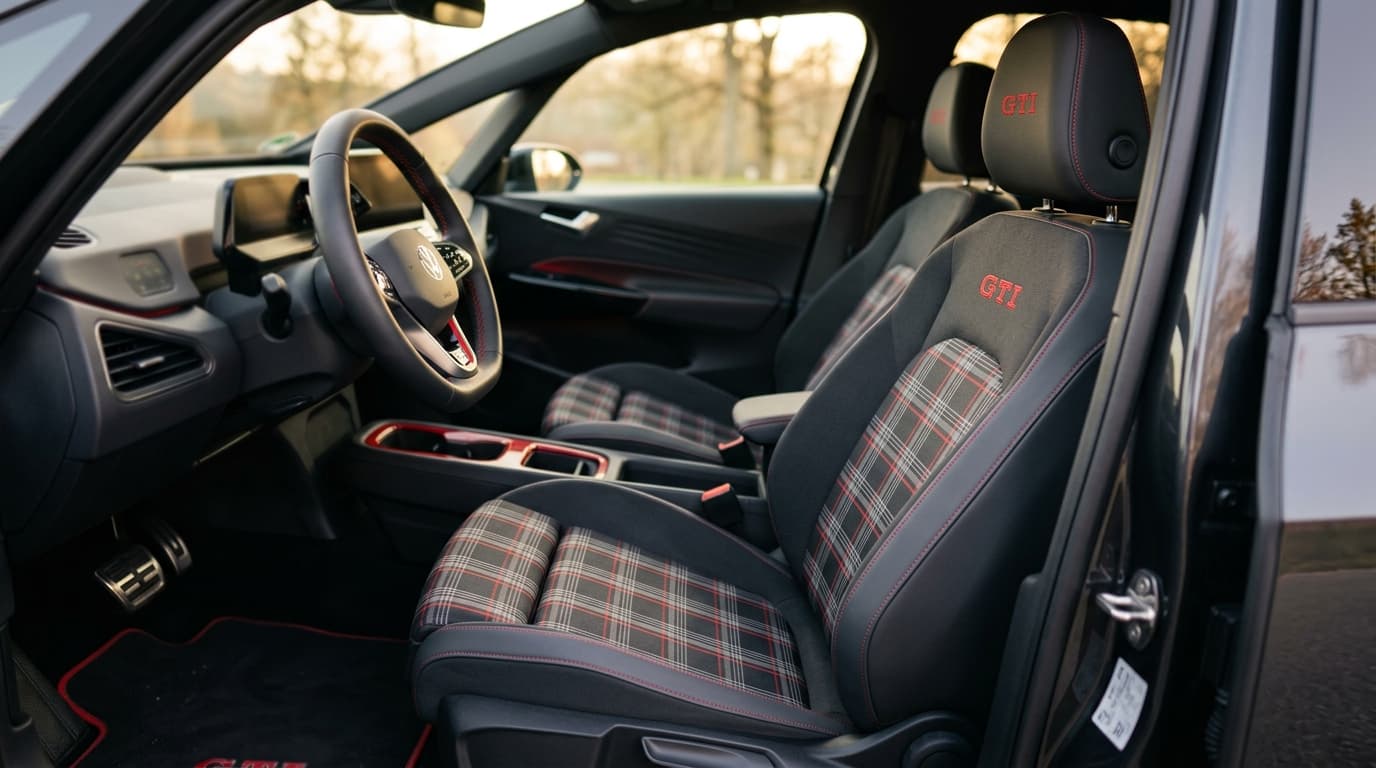 Detailansicht der Sportsitze mit Karomuster im Innenraum des Volkswagen ID.3 GTI