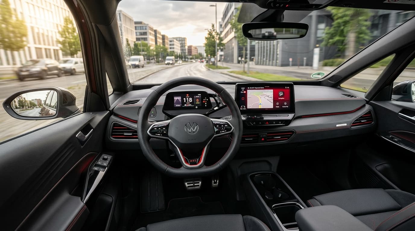 Innenraum des Volkswagen ID.3 GTI mit sportlichem Lenkrad und roten GTI-Designelementen