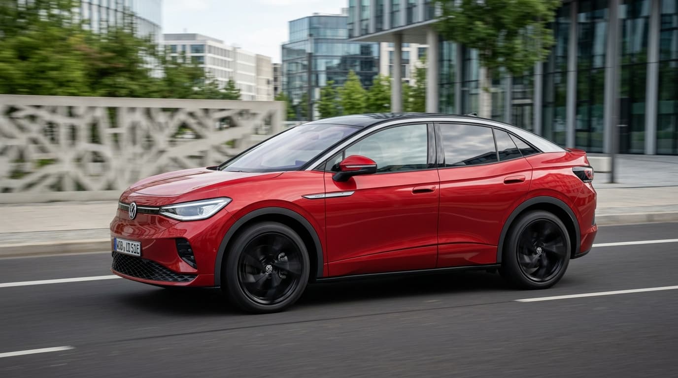 Seitenansicht des Volkswagen ID.5, Elektro-SUV-Coupé mit charakteristischem abfallendem Dach, modernes Elektro-Design