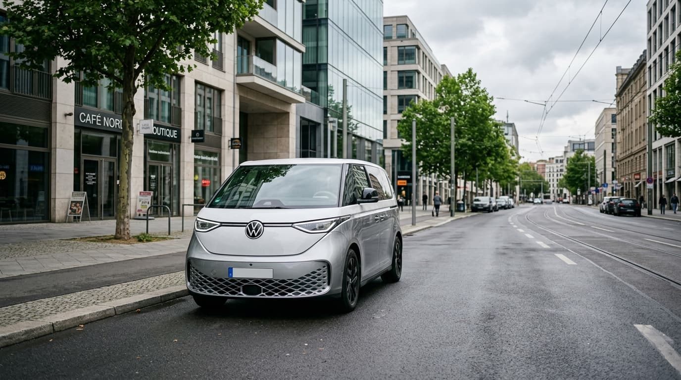 Ein silberner VW ID. Buzz steht auf einer urbanen Straße. Das Elektro-Fahrzeug zeigt sein charakteristisches, quaderförmiges Design mit großen Fenstern und moderner Front.
