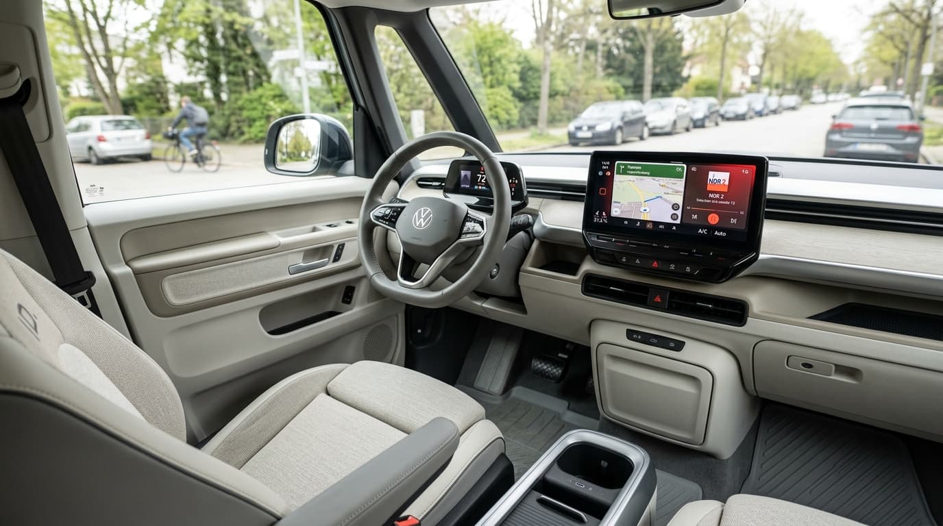 Blick in das Innere eines VW ID. Buzz: Das geräumige Cockpit mit modernem Lenkrad, Touchscreen-Display und hellen Sitzpolstern zeigt die zeitgenössische Ausstattung des Elektro-Vans.