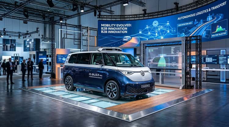 Volkswagen ID. Buzz mit langem Radstand auf einer Technologiekonferenz, umgeben von Anzeigetafeln und technischer Ausrüstung.