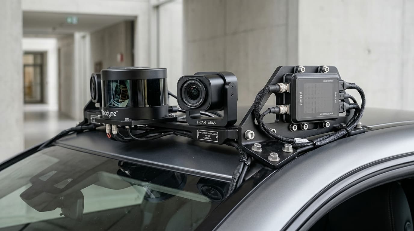 Nahaufnahme von Kameras, Lidar- und Radarsensoren, wie sie bei autonomen Fahrzeugen zum Einsatz kommen.