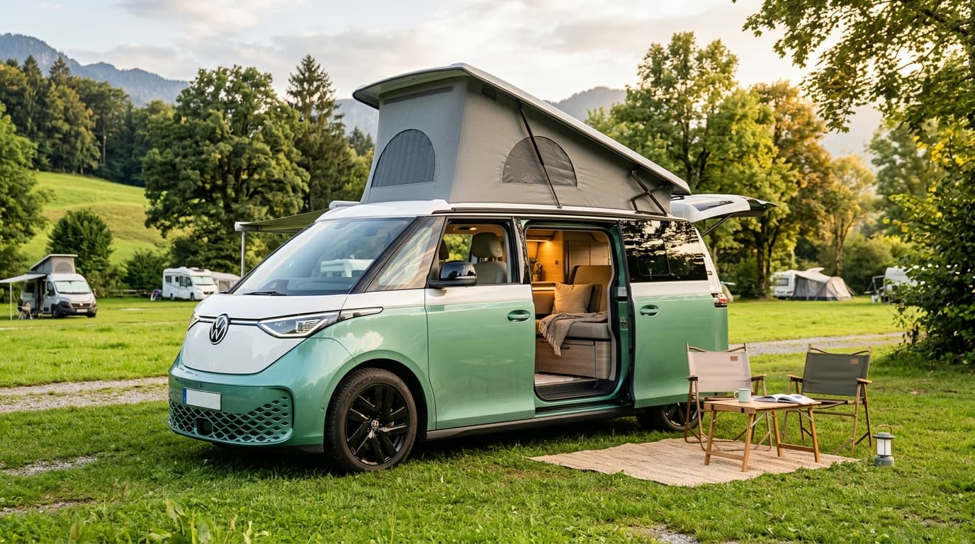 Ein VW ID. Buzz in Campervan-Ausführung steht auf einem Campingplatz. Die beiden Schiebetüren sind geöffnet und geben den Blick auf den Innenraum frei. Grüne Wiesen und Bäume umgeben das Fahrzeug.
