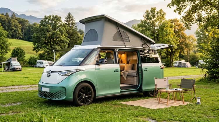 Ein VW ID. Buzz in Campervan-Ausführung steht auf einem Campingplatz. Die beiden Schiebetüren sind geöffnet und geben den Blick auf den Innenraum frei. Grüne Wiesen und Bäume umgeben das Fahrzeug.